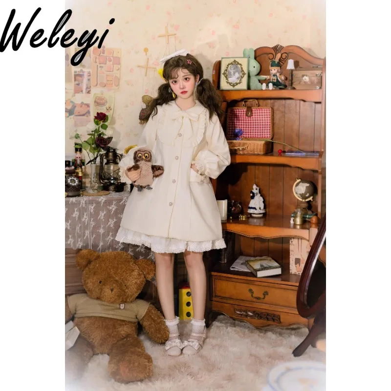 Herfst en winter lief meisje wollen jas Lolita originele elegante schattige pop kraag lange mouw strik middellange en lange cape jassen