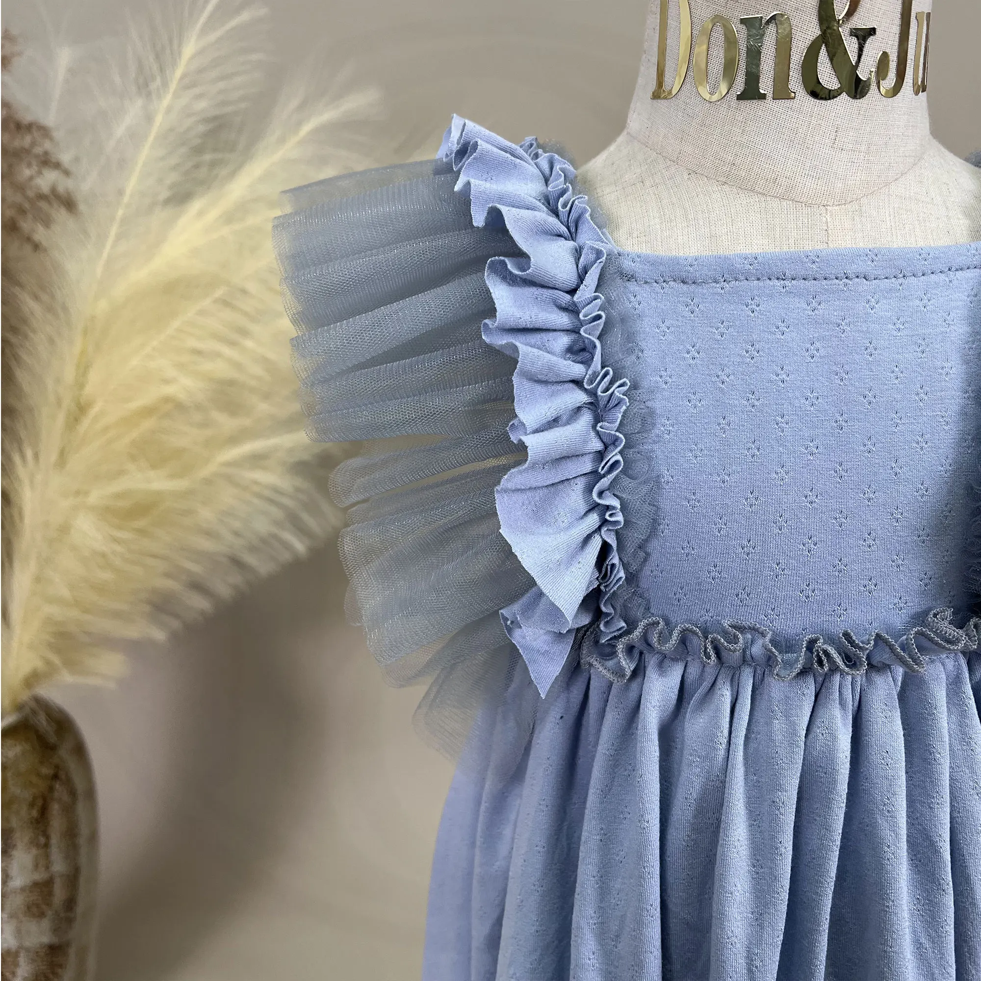 Don&Judy Little Girl Ruffle Trim Flutter Sleeve Eyelet Cotton Dress Square Neckline A-Line Pleated Skirt Sweet Toddler Dress