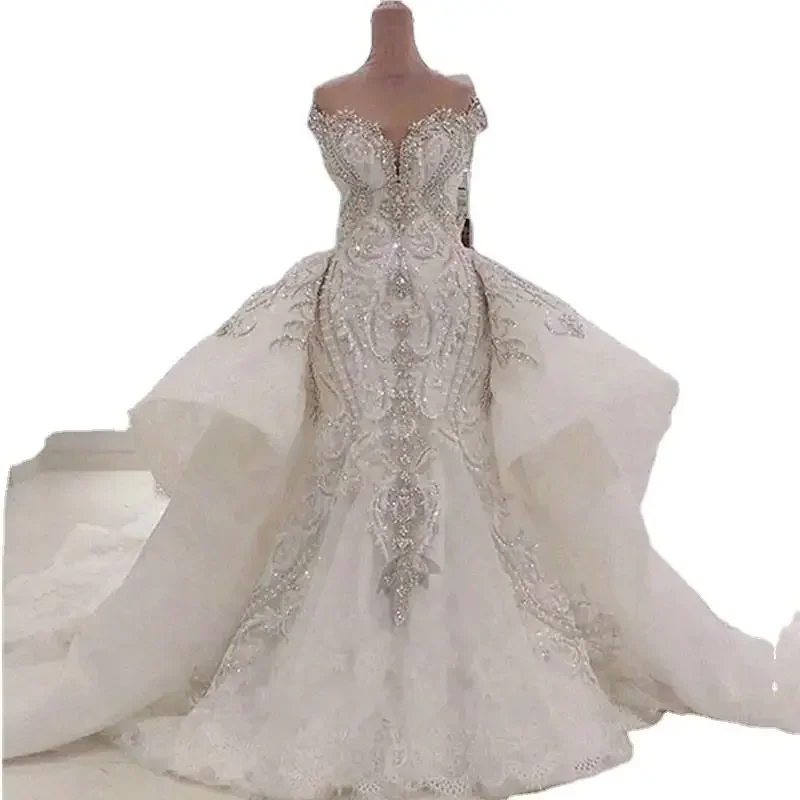 Customized Luxury Crystal Beaded Wedding Dress Detachable Overskirt Dubai Arabic Sparkly Diamonds Custom Made Bridal Gowns
