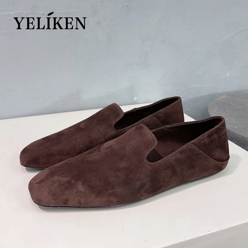 Spring Autumn Single Shoes Kid Suede Flat Shoes Square Toe Genuine Leather Loafers Concise Walking Shoes Ladies Driving Shoes