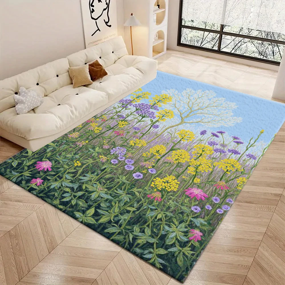 Pastoral Wildflower Garden Carpet Flooring Colorful Meadow Plant Tree Art Printed Floor Rug for Living Room Study Home Ornament