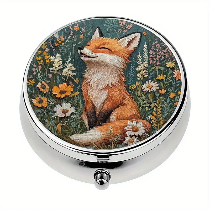 1 pill box with 3 compartments, cute fox in wildflower theme mini pill box, medication storage box, decorative vitamin storage box, suitable for purse or wallet
