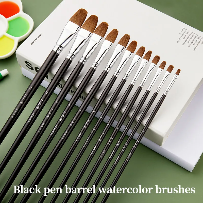 

6 or 12 pieces Watercolor Paint Brush Set, Black Solid Wood Handle, Synthetic Bristles, for Watercolor, Gouache & Acrylic