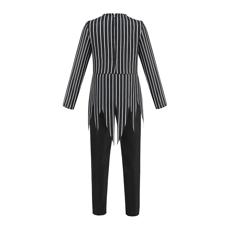 Kinder Gothic Skelett Genähtes Puppen-Cosplay-Set Gestreiftes Kostüm Patchwork-Kleid Perücke Halsband Halloween Karneval Party Outfit – Detail 11