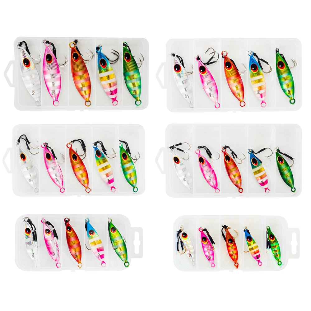 5Pcs/Boxed 10-60G Metal Slow Jig Artificial Sinking Casting Lure Fishing Trolling Lure 3D Eyes Fishing Bait with Assist Hooks