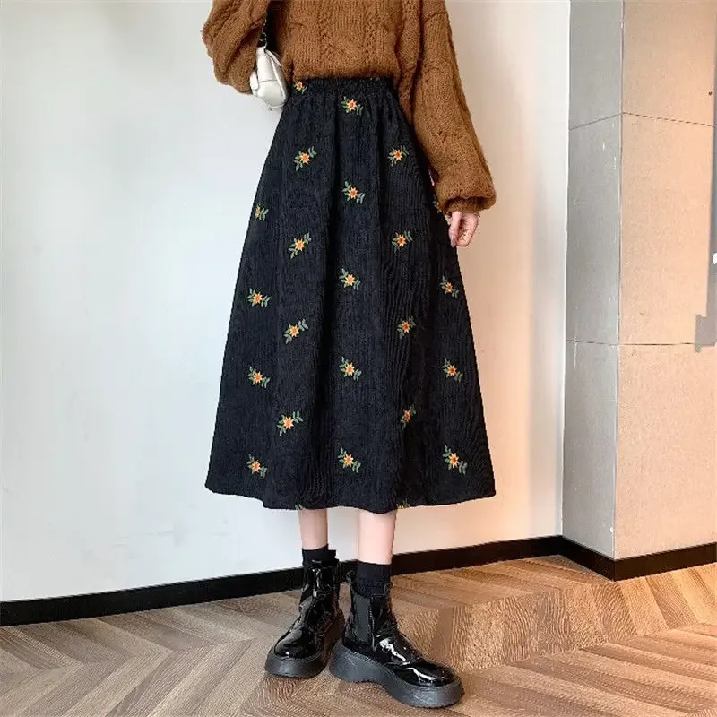 Vintage Corduroy Skirt Women Autumn Winter New Loose Embroidery Floral High Waist Long Skirts Female