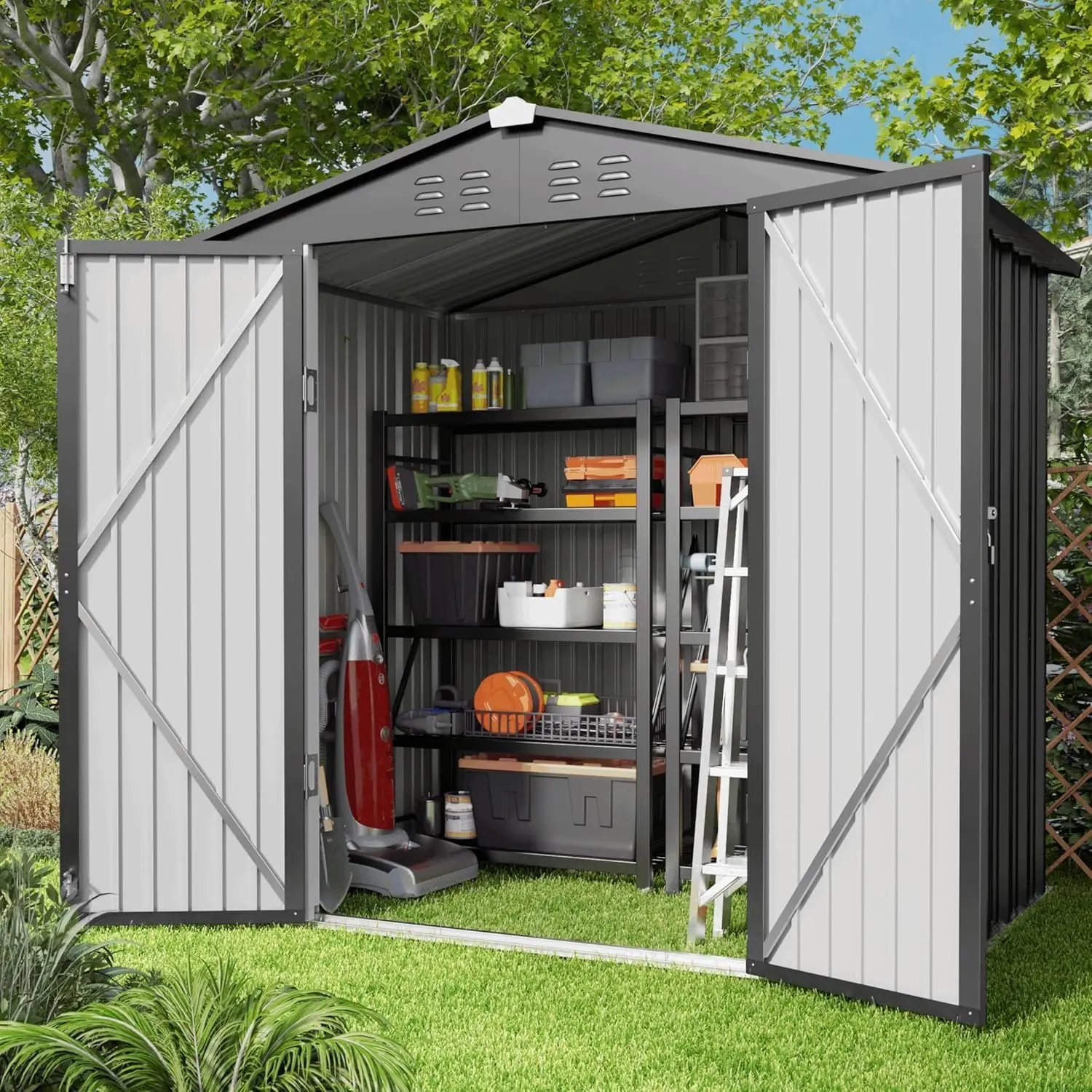 

NEW Outdoor Storage Shed 6 x 4 FT, Galvanized Metal Garden Shed with Double Lockable Doors, Outdoor Storage Clearance