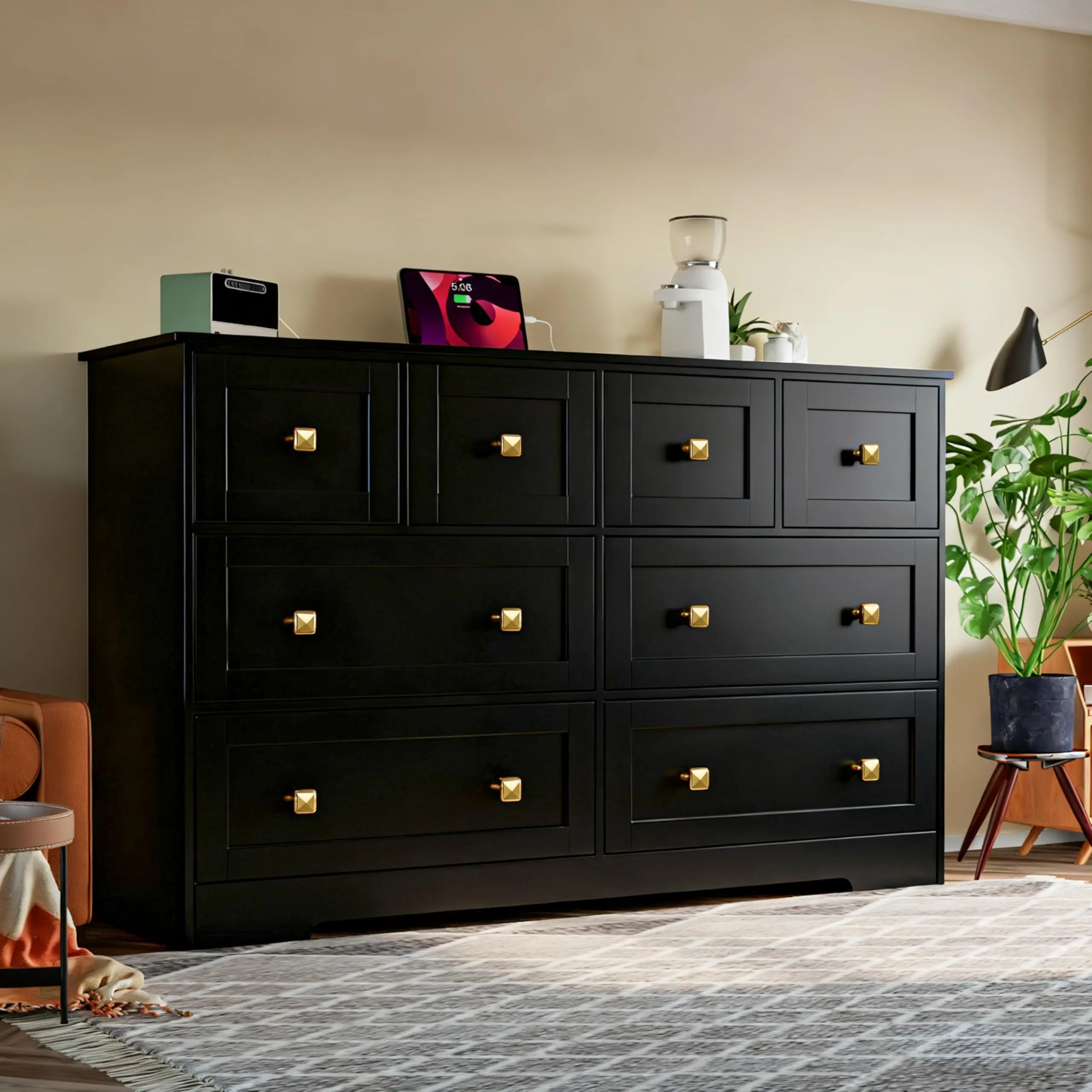 Dresser for Bedroom with Power Outlets Wide Wooden Dresser with 8 Drawer and Metal Handle Large Clothing Storage for