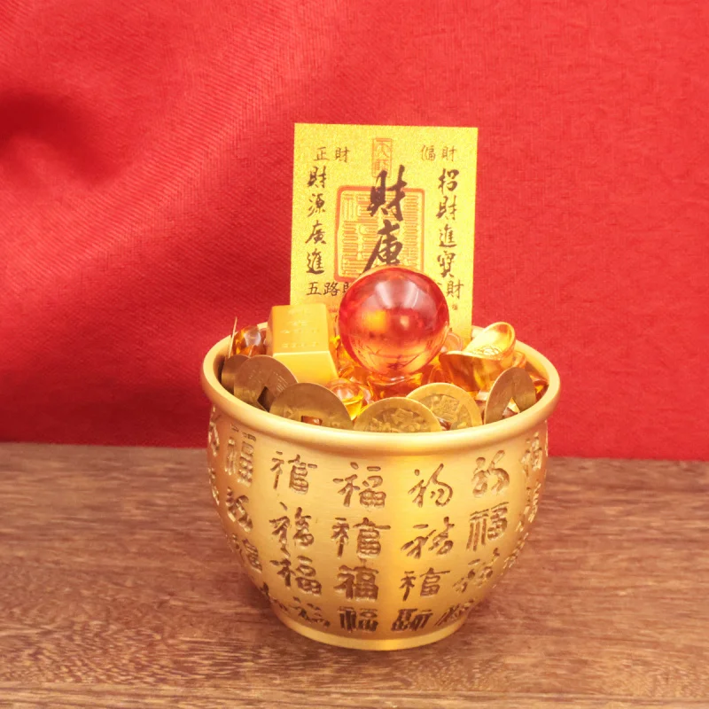 

Brass Rice Jar Wealth Gathering Hundred Blessings Jar Small Treasure Bowl Large Fortune Character Money Saving Jar Living Room O