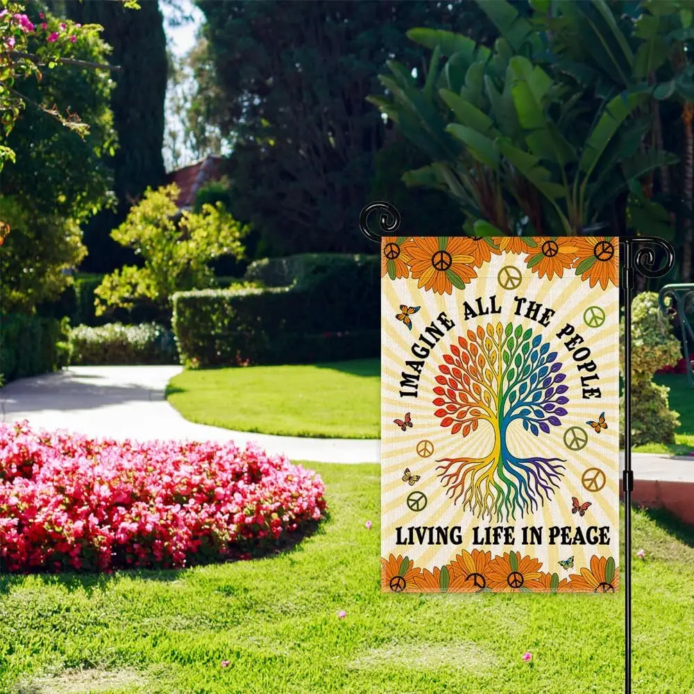 Imagine All The People Living Life In Peace Garden Flag, Funny Tree Of Life Peace Flag for Outside, LGBTQ Equality Social Ju ZZM