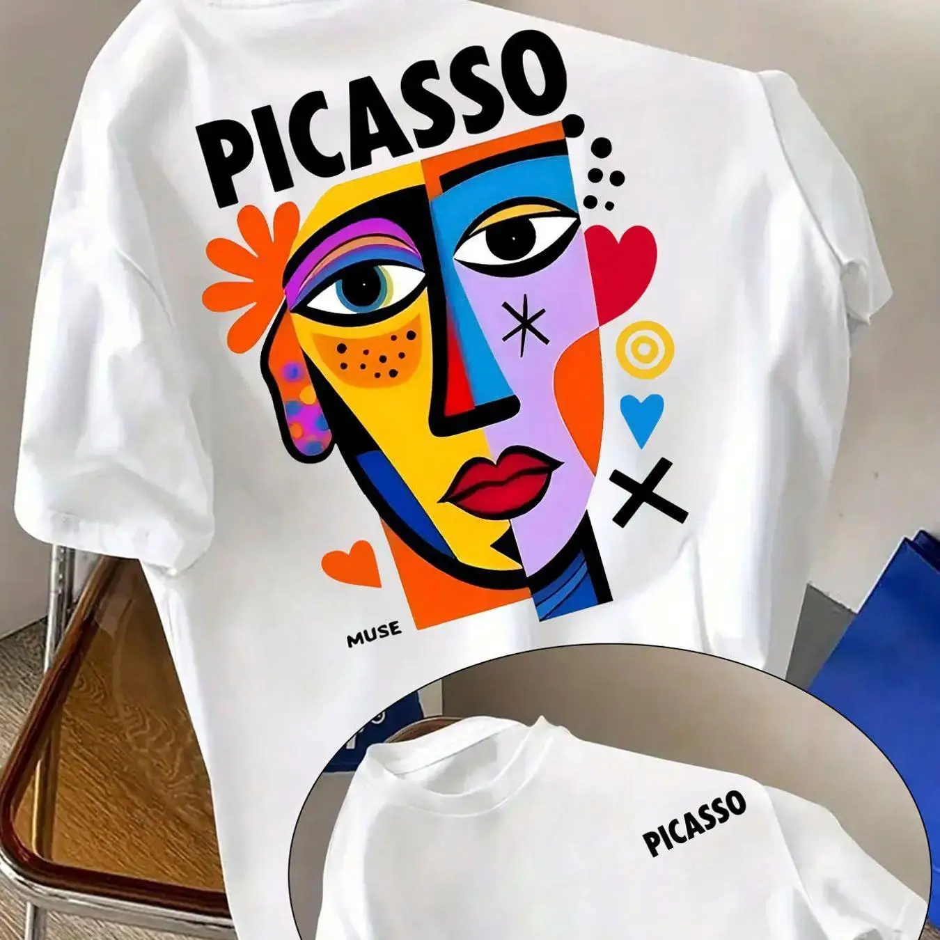 Abstract Colorful Face Geometric Print Crew‑neck Casual Cotton Men's and Women's T‑Shirt Streetwear Short‑Sleeve Fashion Tops