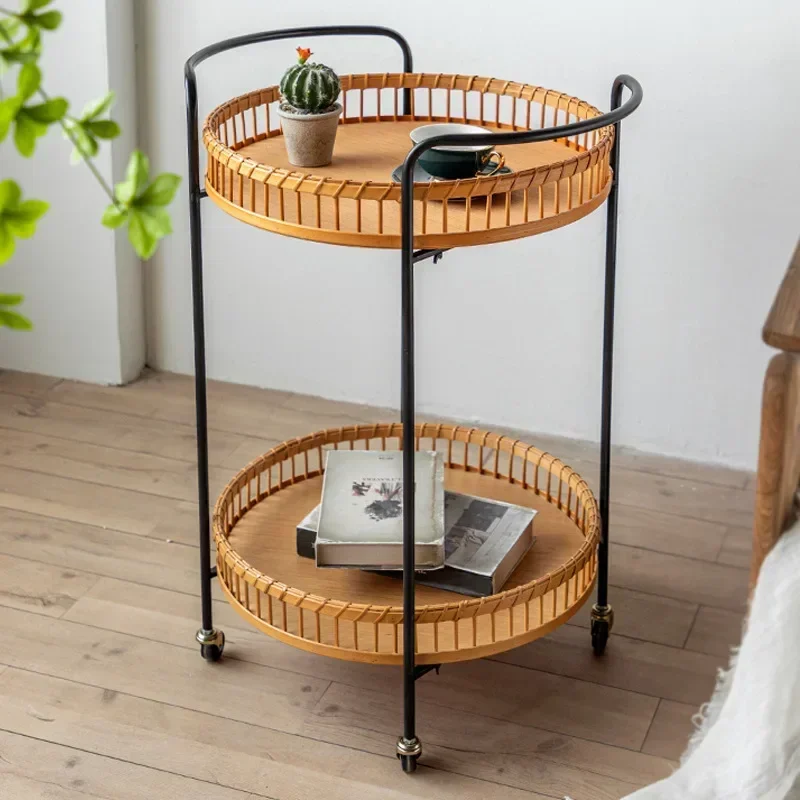 

-Living Room Removable Coffee Table Double-layer Rattan Cart With Wheels Retro Small Sofa Side Table Cabinet Household Furniture