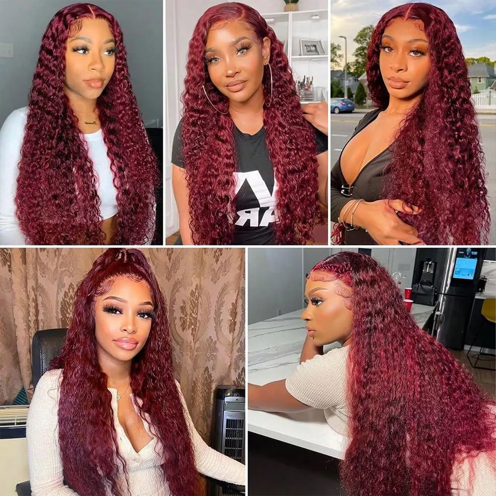 Perruque Lace Front Wig naturelle bouclée, cheveux humains, Deep Wave, bordeaux 99j, 13x4, couleur 99J, densité 250%, pour femmes