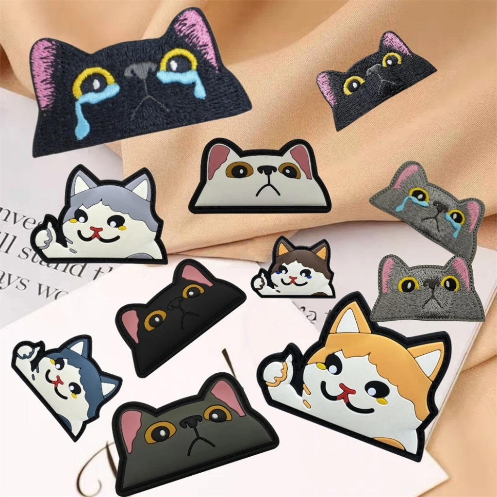 Cartoon Cat Series 3D Soft PVC Patch Interesting Cat Face Crying Embroidery Patches Backpack Morale Badge Hats Clothing Stickers