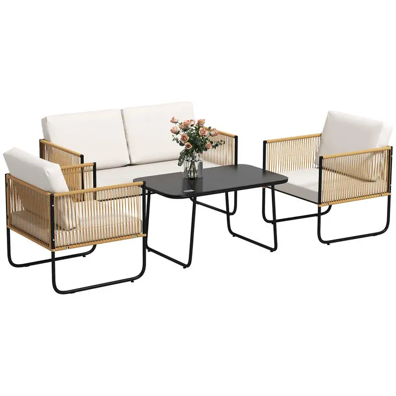 Salon de jardin 4 pièces avec canapé 2 places, 2 fauteuils, 1 table basse en verre et coussins – blanc crème