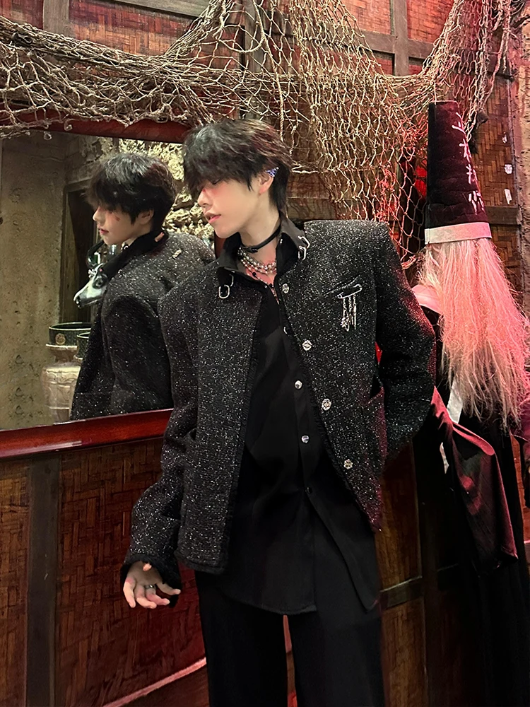Black Shoulder Pad Short Jacket Men's Style Spring High Fashion Trendy Male Model Clothing CleanFit Short Jacket Outerwear