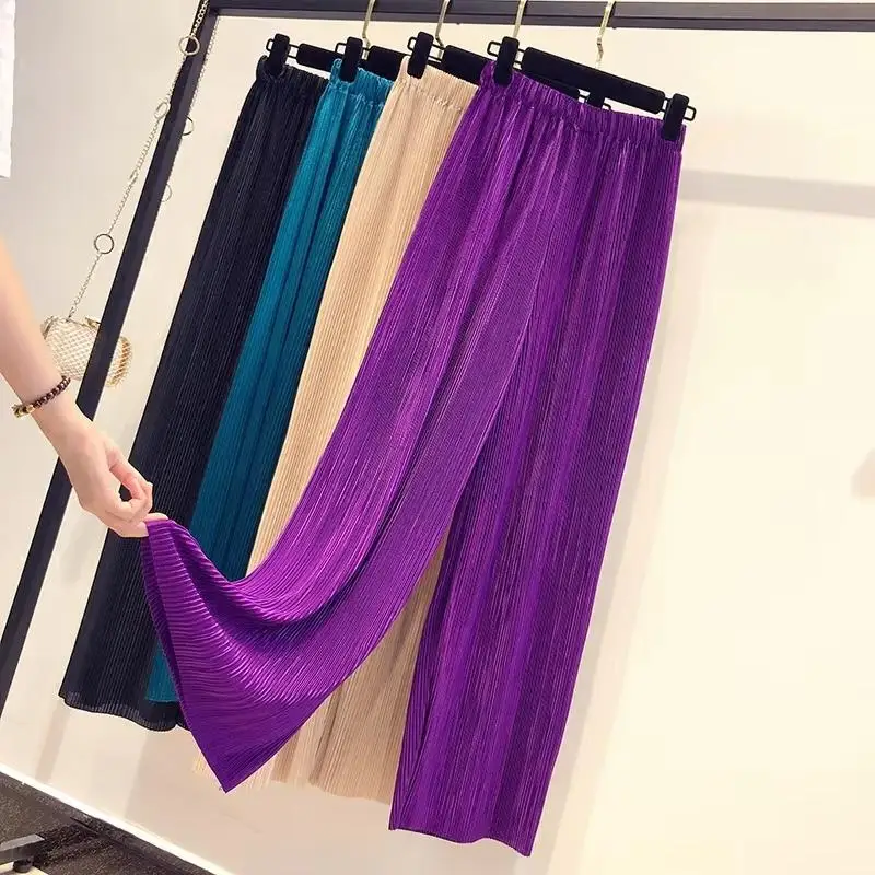 

Women Fashion Summer Wide Leg Pants Pleated Ice Silk Trousers Elastic Waist Loose Casual Pants