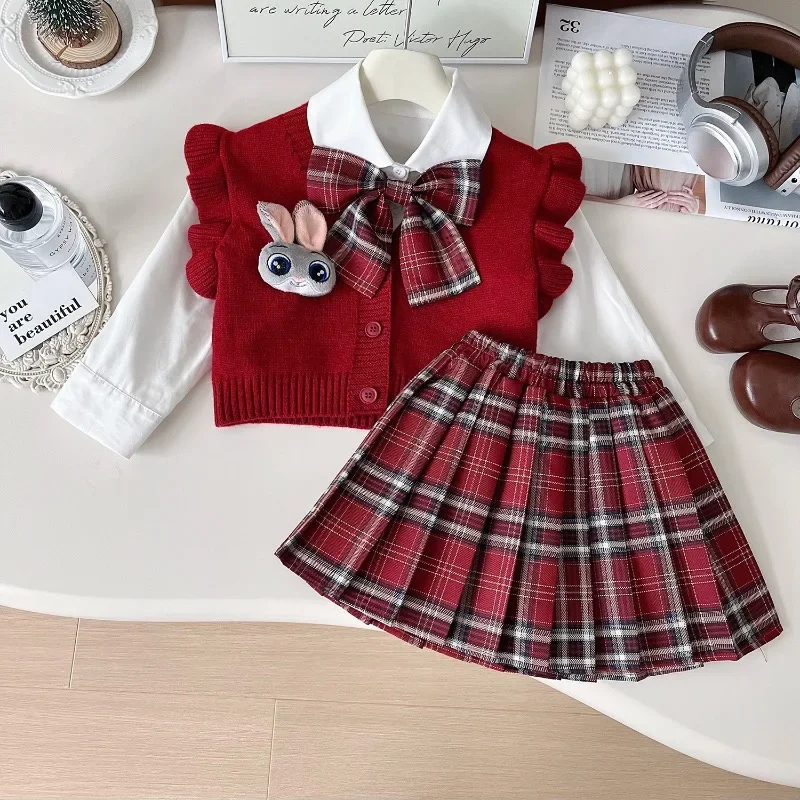 3Pcs Girls Clothes Set Autumn Winter Knitted Sweater Vest+Shirt+Plaid Skirt Fashion College Style Children Casual Clothes 2-7Yrs
