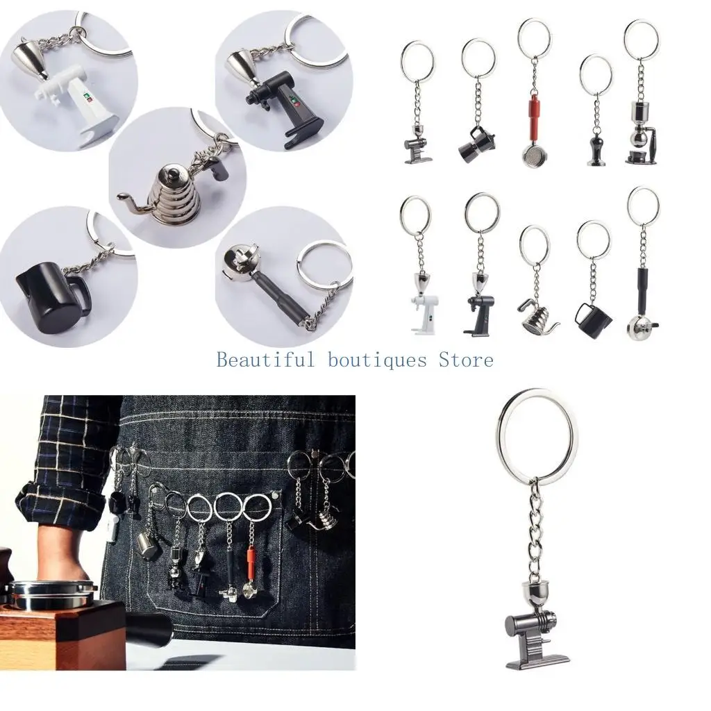U4LF Alloy Coffee Accessories Keyring Stylish Realistic Miniature Espresso Accessory Keychain Bag Decoration for Collectors