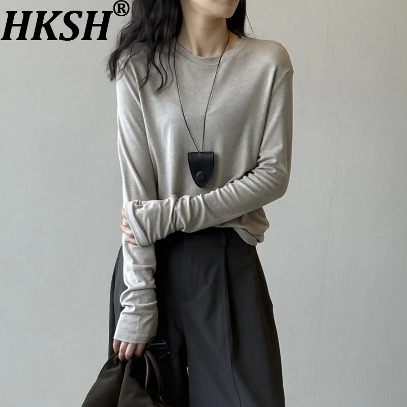 

HKSH весна осень новая женская футболка однотонная с длинными рукавами круглый воротник универсальные элегантные уличные повседневные топы HK13657