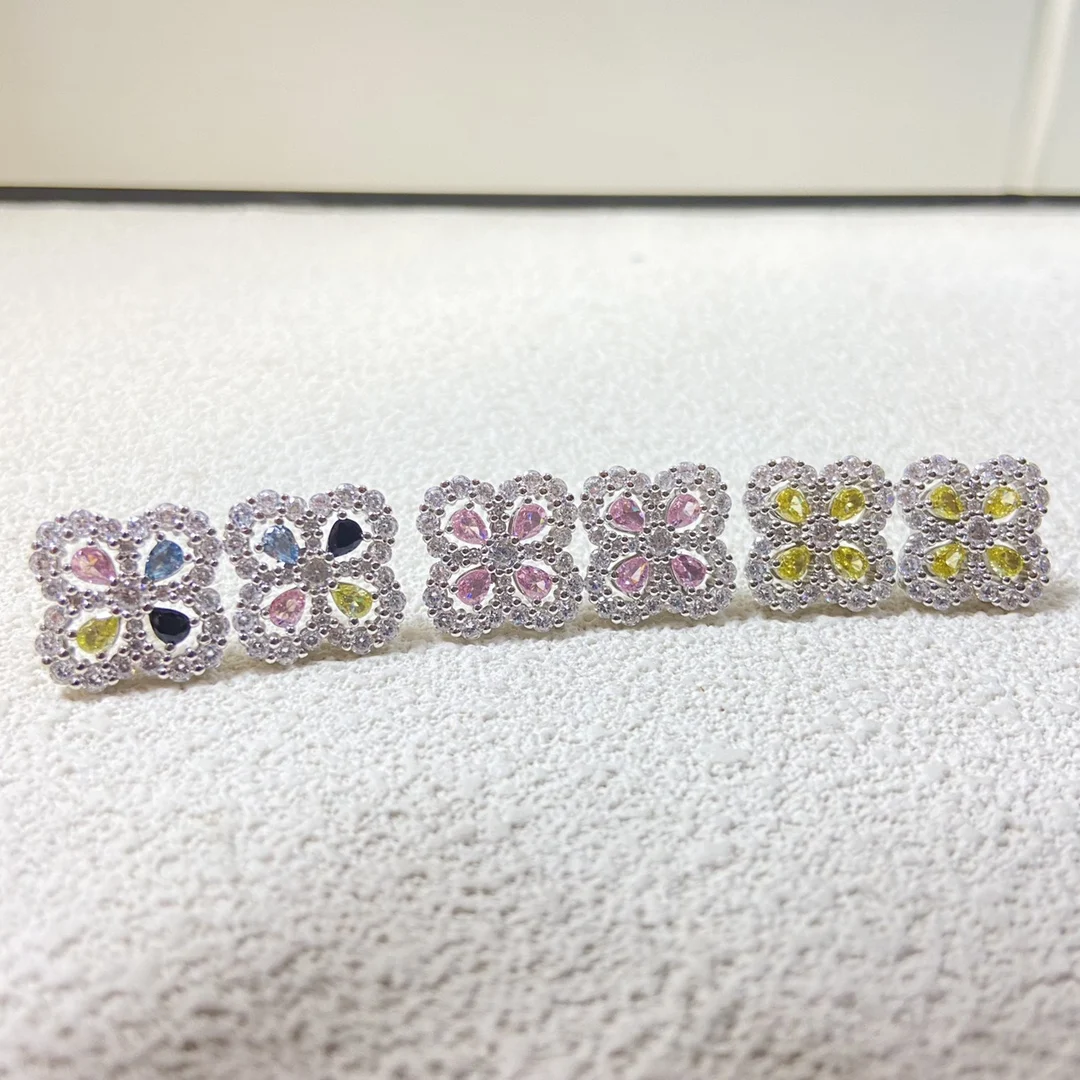 Classic Boutique 925 Silver Women's Earrings, Full Diamond Flower Design with Multiple Color Options, Holiday Gift
