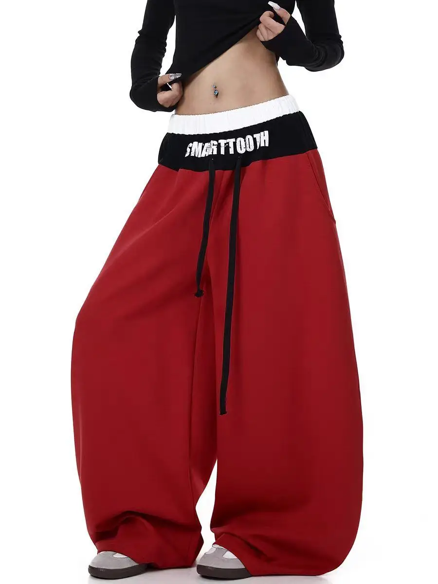 Women's Splicing Design Sports Casual Pants Hip-hop Cool Girl Spring High Waist Streetwear Female Unisex Wide-leg Baggy Trousers