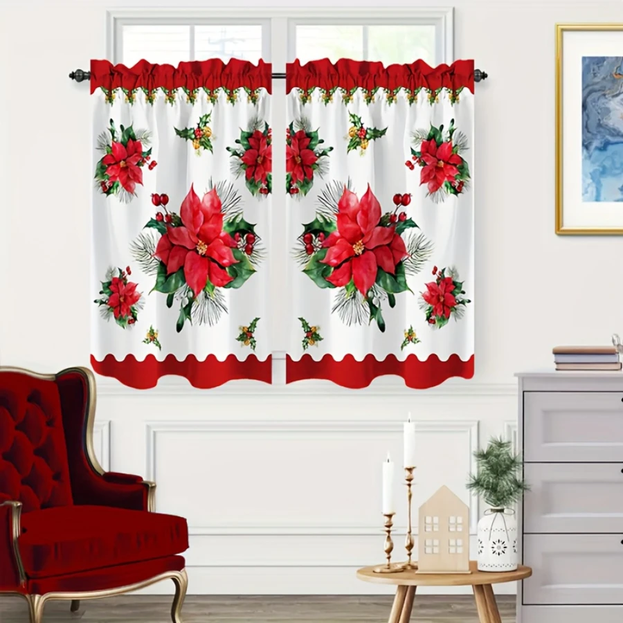 3PCS Poinsettia Flower Christmas Kitchen Curtain Set, Red Floral Holiday Decor Rod Pocket Tier Curtains for Kitchen Window