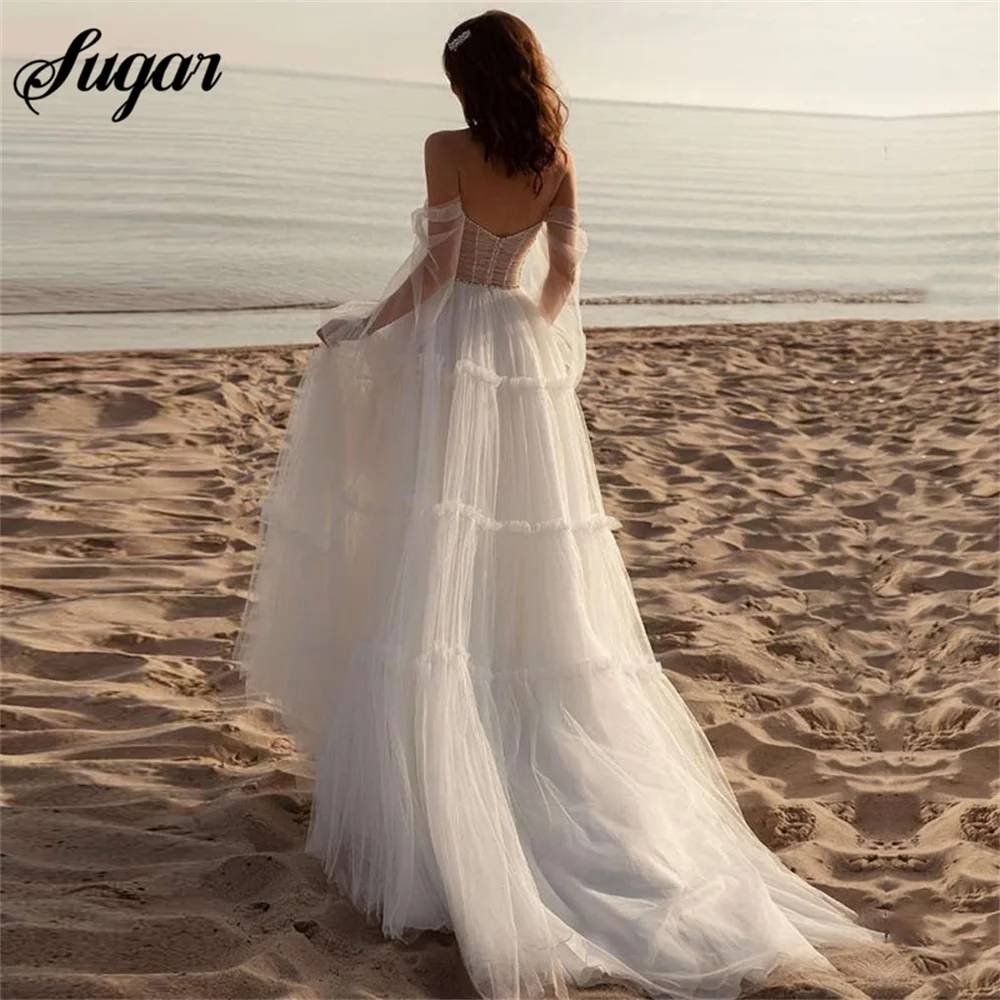 

Beach Wedding Dress Sweetheart Off the Shoulder Long Puff Sleeves A-Line Pearls Tulle Wedding Gowns Bridal Dress vestido novia