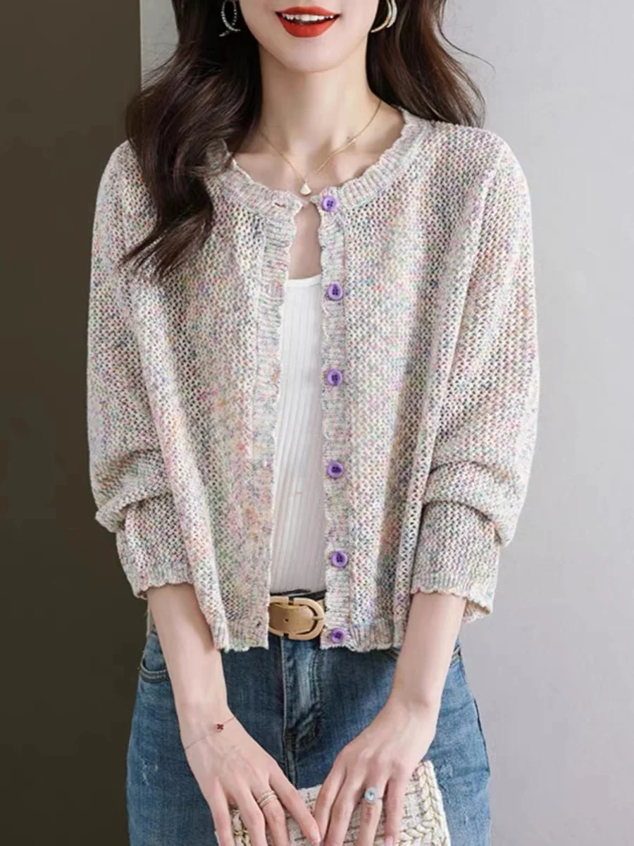 Giacca maglione colorata scavata per donna 2025 Nuova primavera/estate Cardigan corto lavorato a maglia sottile in pizzo girocollo a maniche lunghe