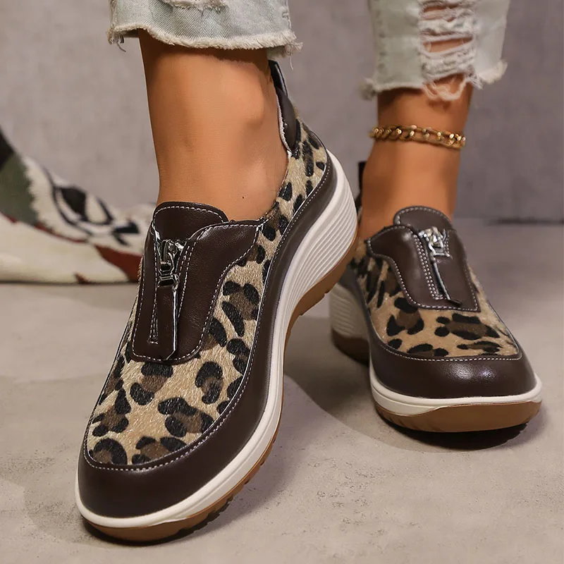 

Women's Leopard Animal Print Zipper Slip-on Shoes New Leisure Sneakers Fashion Platform Wedge Casual Shoes Female Walking Shoes