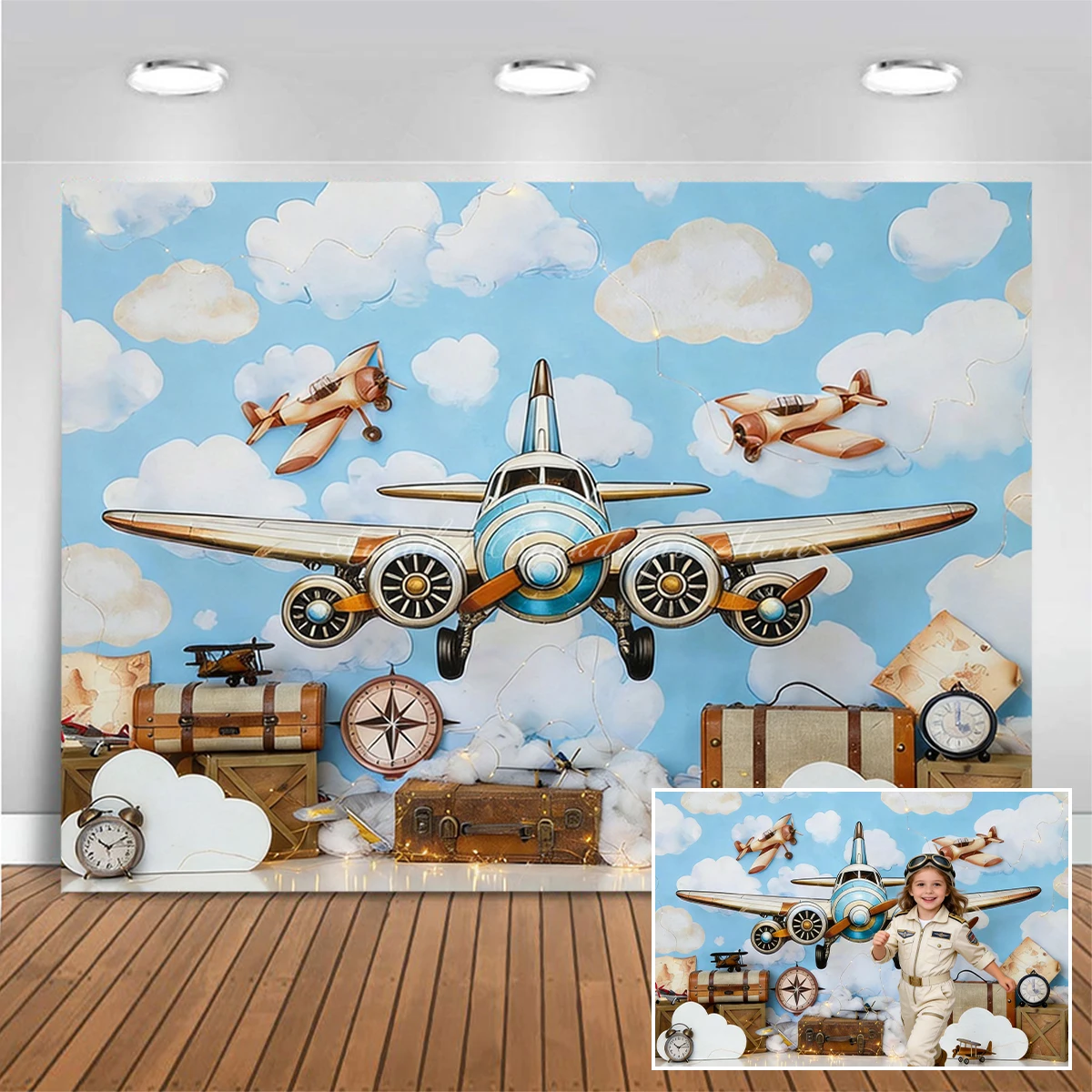 Propeller Aircraft Backdrops Cake Smash Child Baby Photo Props Adult Kids Decors Little Pilot Photography Studio Backgrounds