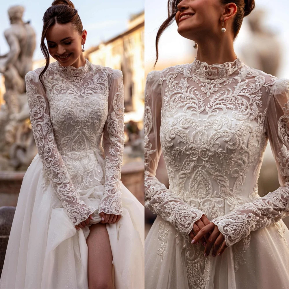 

Customized Modern Tulle Wedding Dresses Sexy O-Neck Long Sleeves Dresses Wedding Dresses Temperament Bespoke Occasion Gown