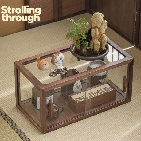 

Black walnut tea storage cabinet, desktop glass, dustproof display cabine