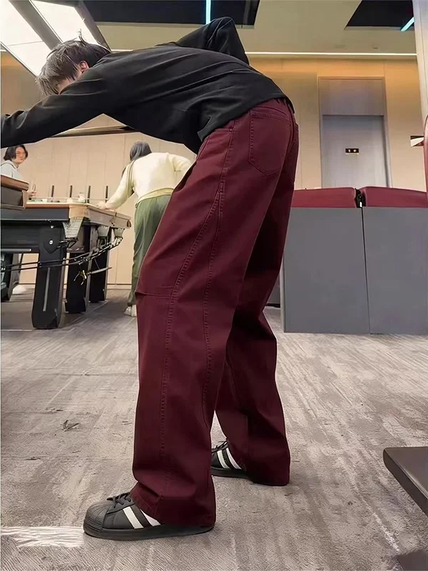

American Sle Loose Straight Leg Casual Pants Men's Spring Wide Leg Pleated Wine Red Workwear Trousers Casual Long Pants