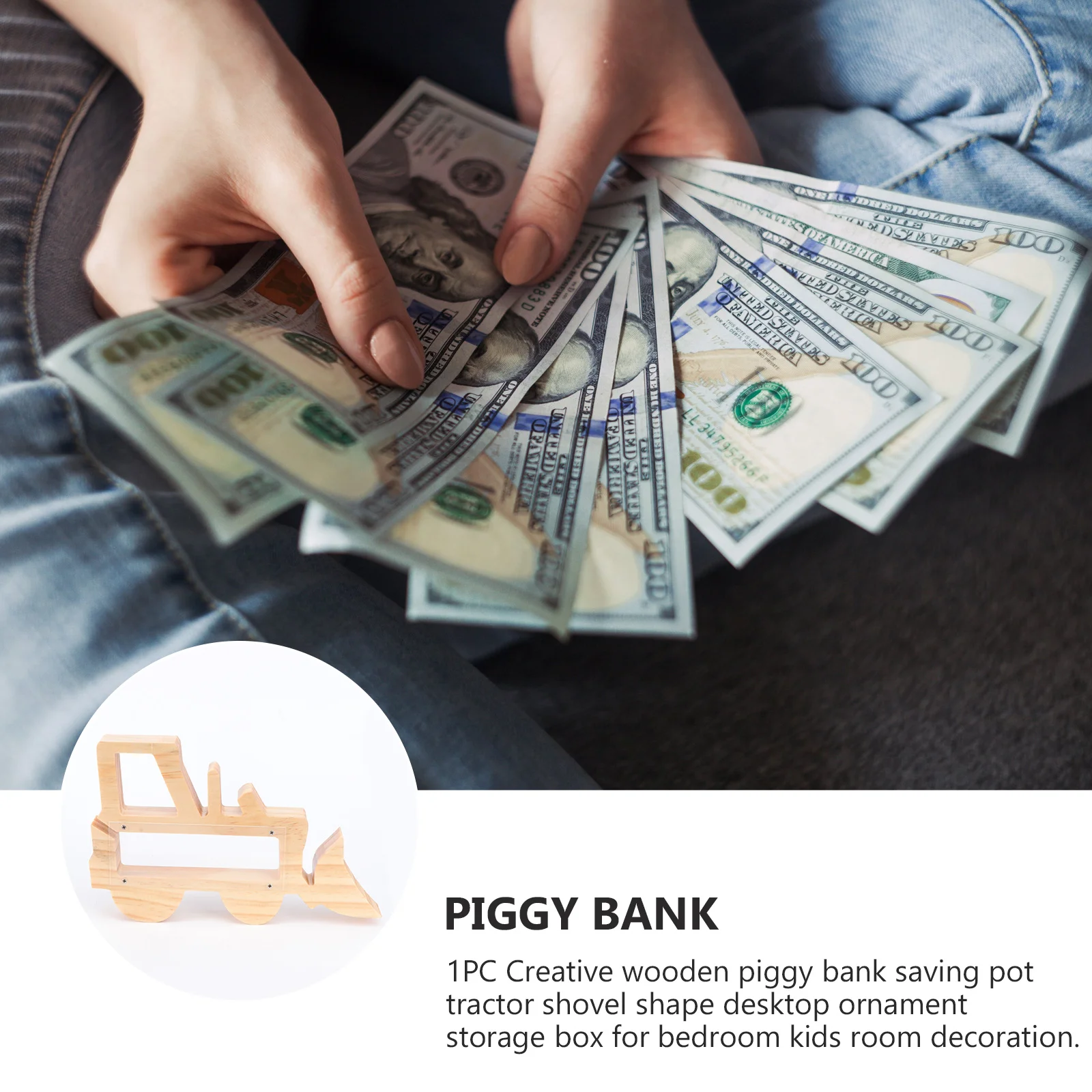 

1Pcs Creative Wooden Piggy Bank Tractor Shovel Shape Durable Storage Box Saving Pot Gift Storage Box Wooden Piggy Bank