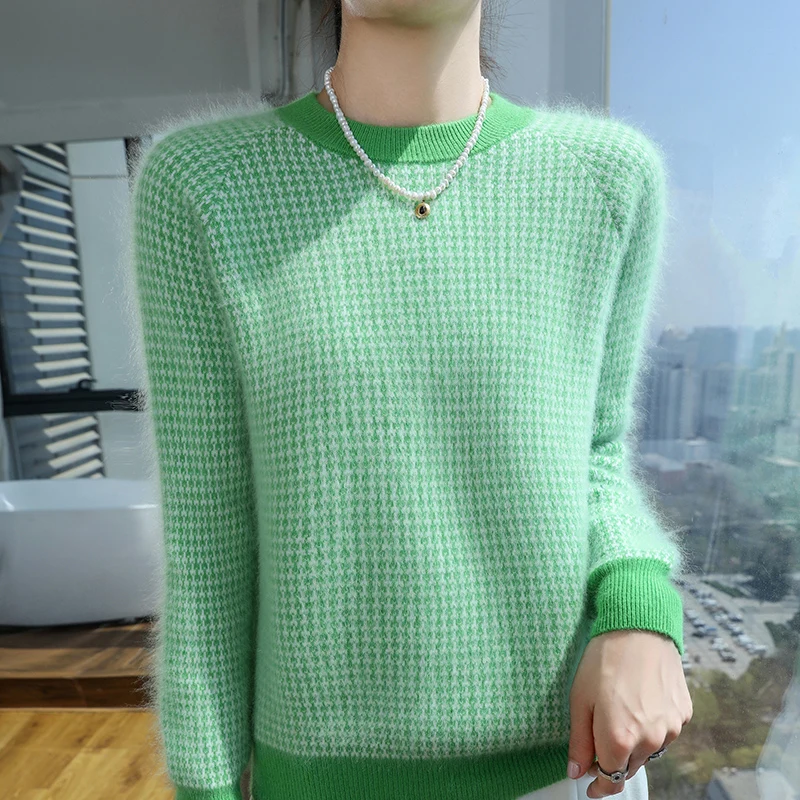 

Осенне-зимняя новая одежда на норке, женская рубашка с круглым вырезом в тон, толстая вязаная нижняя рубашка в шахматном порядке