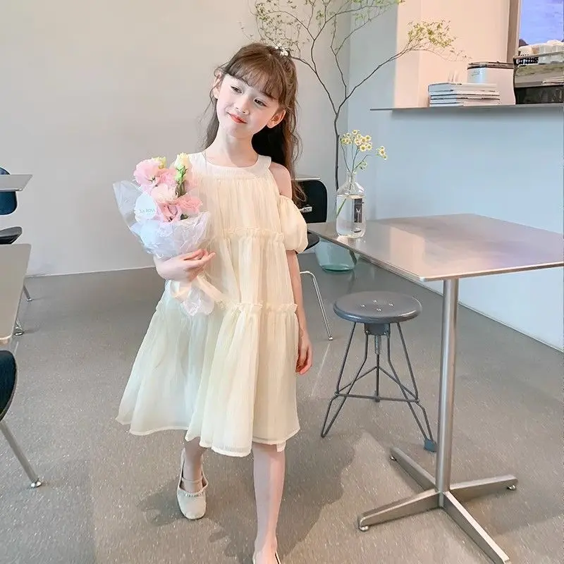 Girl Summer Chiffon Dress Western Style2024New Little Girl Sweet Princess Dress Children's Summer Clothing Suspender Dress