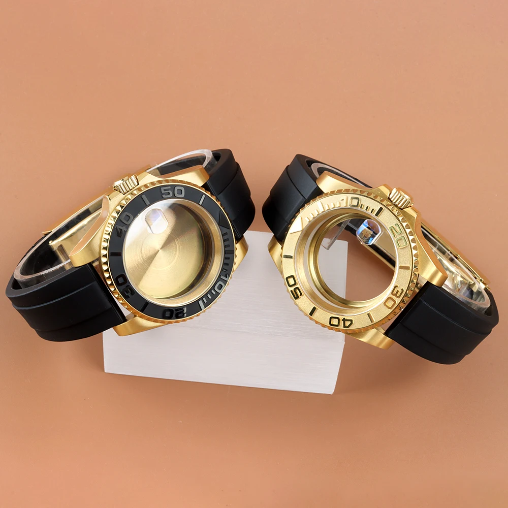 

Gold 40mm Case Rubber Strap Sapphire Glass Watch Case For YACHT-MASTER GMT Seiko NH34 NH35 NH36 NH38 Movement Submariner Case