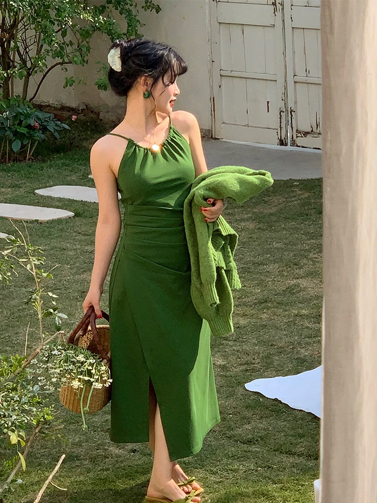 

Yuan Ying Initial Autumn Retro Green Knitted Halter Dress Women's Design Sense Slit Dress Small Size Slimming A-Line Skirt