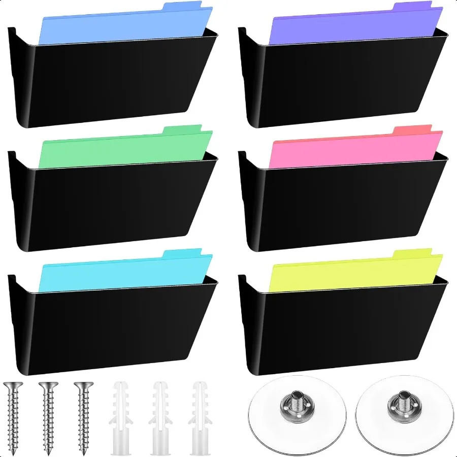

6 Pcs Legal Size Clear Plastic Single Pocket Wall Mount File Holder with Suction Cups and Screws Wall File Hanging Folder Legal