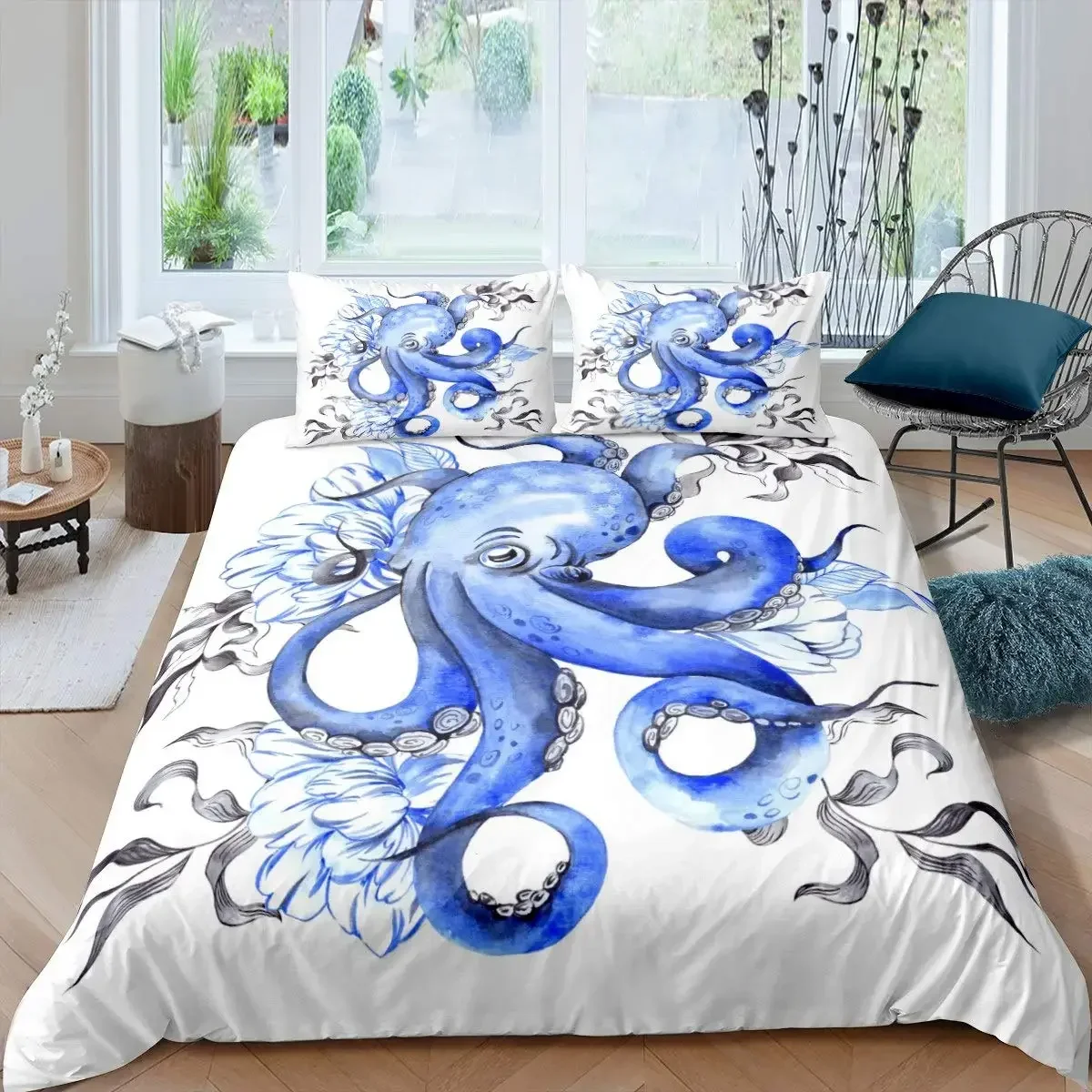 Octopus Duvet Cover Set Microfiber Green Octopus Tentacles Twin Bedding Set Sea Marine Theme Underwater Animal Comforter Cover