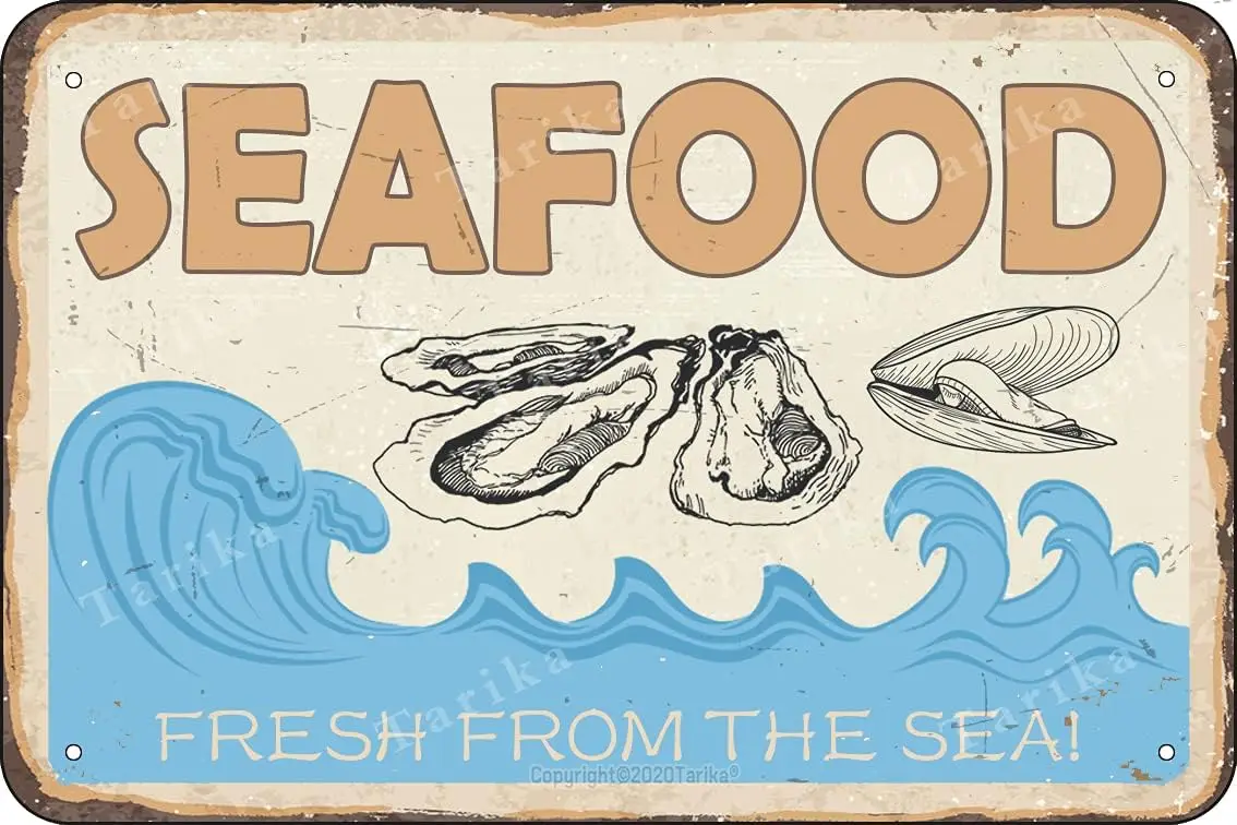 Seafood Fresh from The Sea Tin 8X12 Inch Vintage Look Decoration Art Sign for Home Kitchen Farm Bar Pub Man Cave Funny