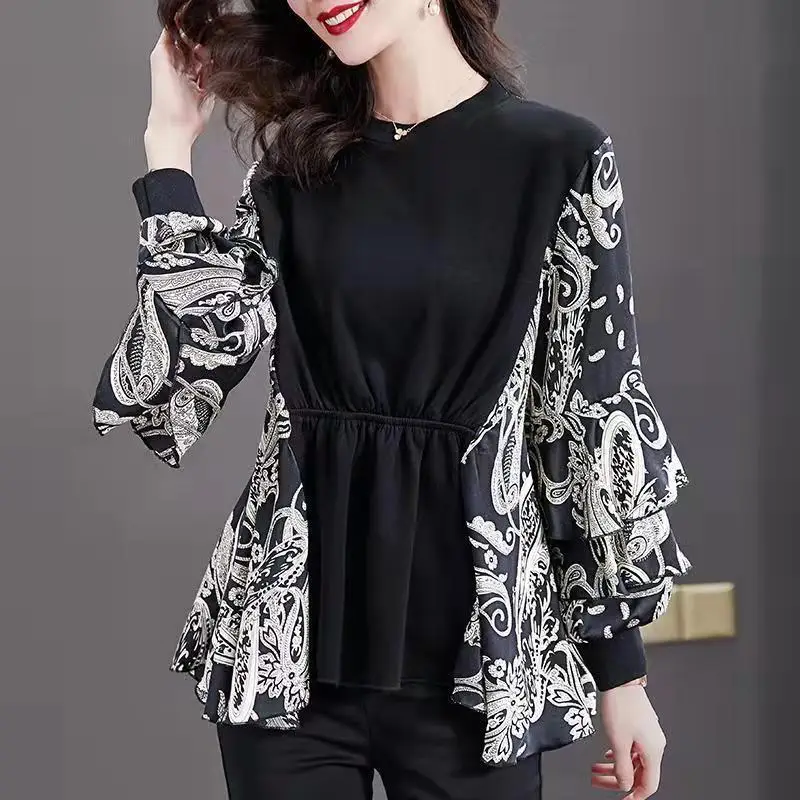 Casual Fashion O-neck Straight Loose Long Sleeved T-shirts Patchwork Print All-match Trend Spring Autumn Women\'s Clothing 2022