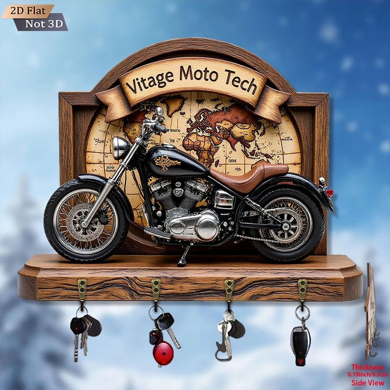 Wooden Key Holder 2D Flat Vintage Motorcycle World Map Pattern Wall Key Rack 4 Hooks Biker Home Decor 1pc