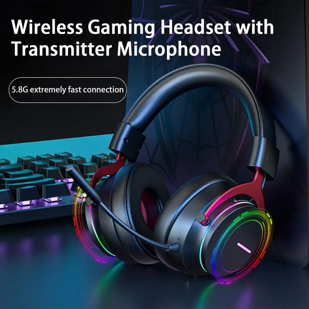 Gaming Headset RGB Colorful Light Volume Adjustable Stereo Surround Sound 5.8Ghz Wireless Gaming Headset with Transmitter Microp