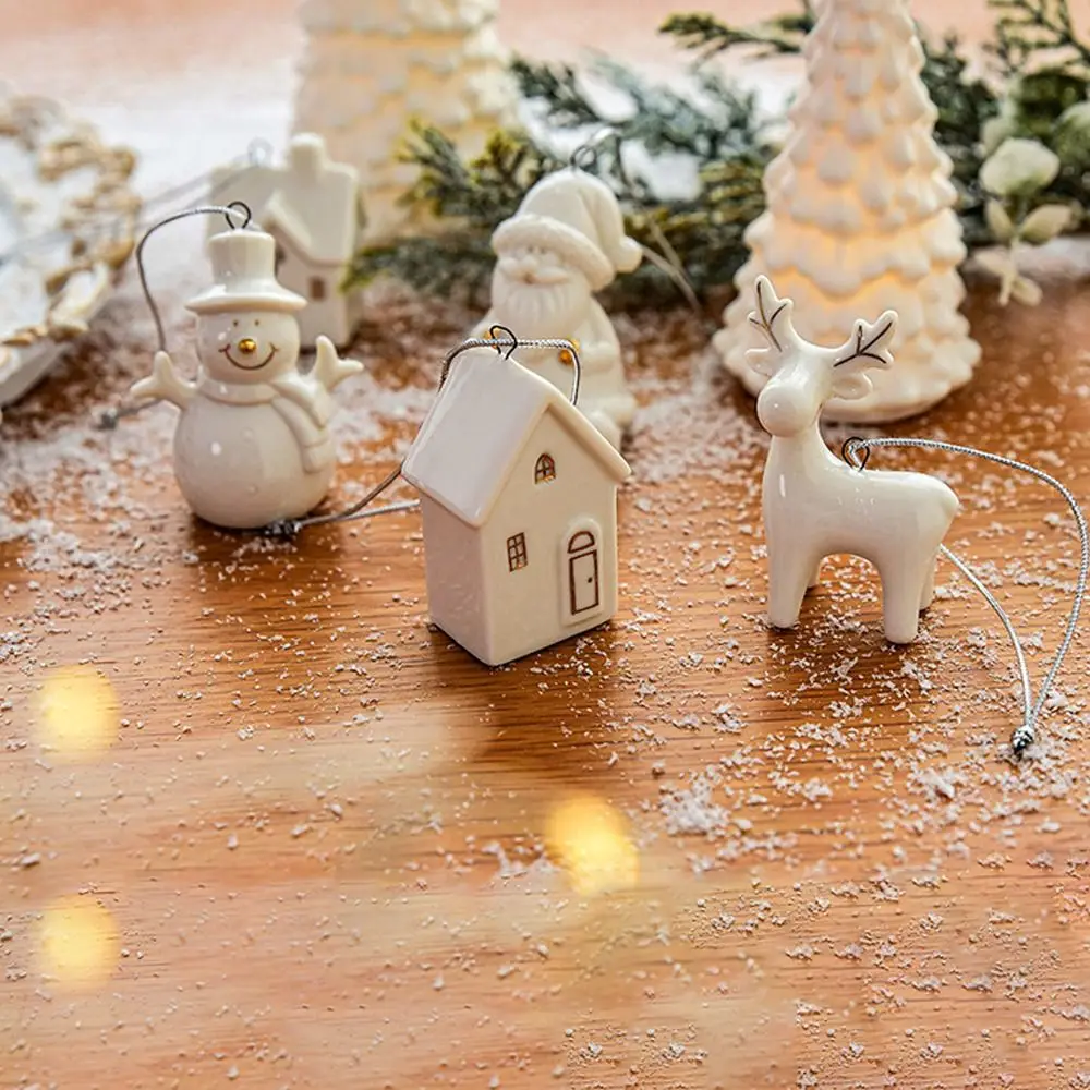 Hollow out Snow House Christmas Ceramic House Pendant Home Decor Ceramic Crafts Christmas Tree Charms Gifts Scene Layout