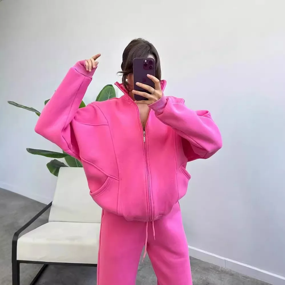 بدلة صوف نسائية فضفاضة بأكمام طويلة وبنطلون عالي الخصر مكون من قطعتين بدلة رياضية نسائية موضة شتاء 2024