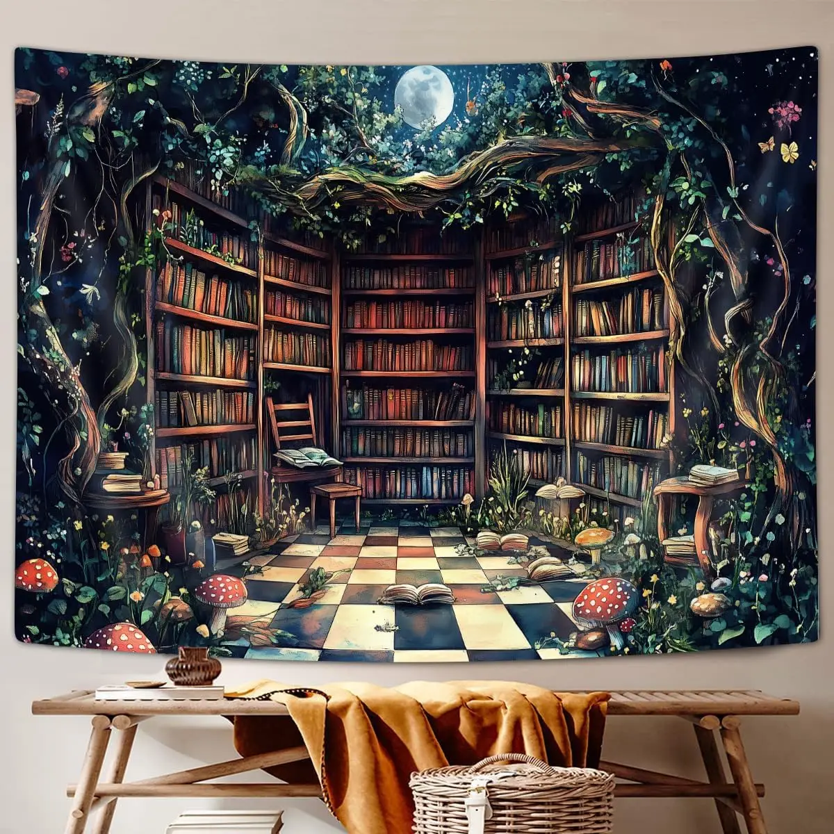 Magical Forest Tapestry, Fairytale Tree Magic Bookshelf Aesthetic Tapestries for Classroom, Witchy Fairy Tree Mysterious Vintage