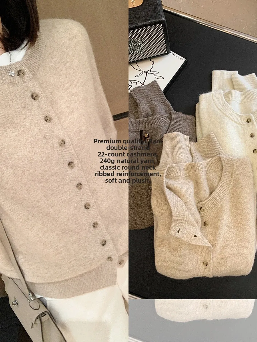 

Rare Expensive Double Strand 22 Thread Natural Color Tibetan Yak Wool round Neck Knitted Open Cardigan Women's Fashion Top