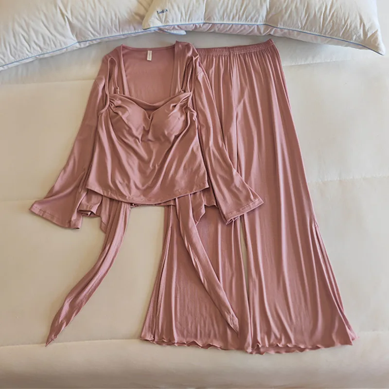 Casual Chest Pad Sling Shirt Long Sleeve Pajamas Women Autumn Winter Night Wear Pyjamas Three Pieces Set Korean Home Clothes